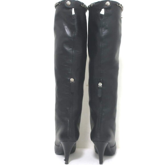 Chanel CC Chain-Trim Cap Toe Knee High Boots Black Leather Size 36.5 - Picture 9 of 15